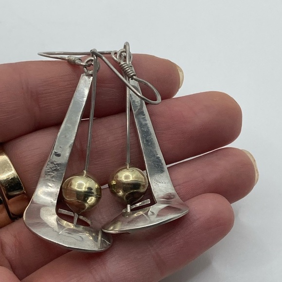 VINTAGE Taxco Sterling Silver Statement Drop Earrings Swirl Ball Suspended Wire - Picture 5 of 7